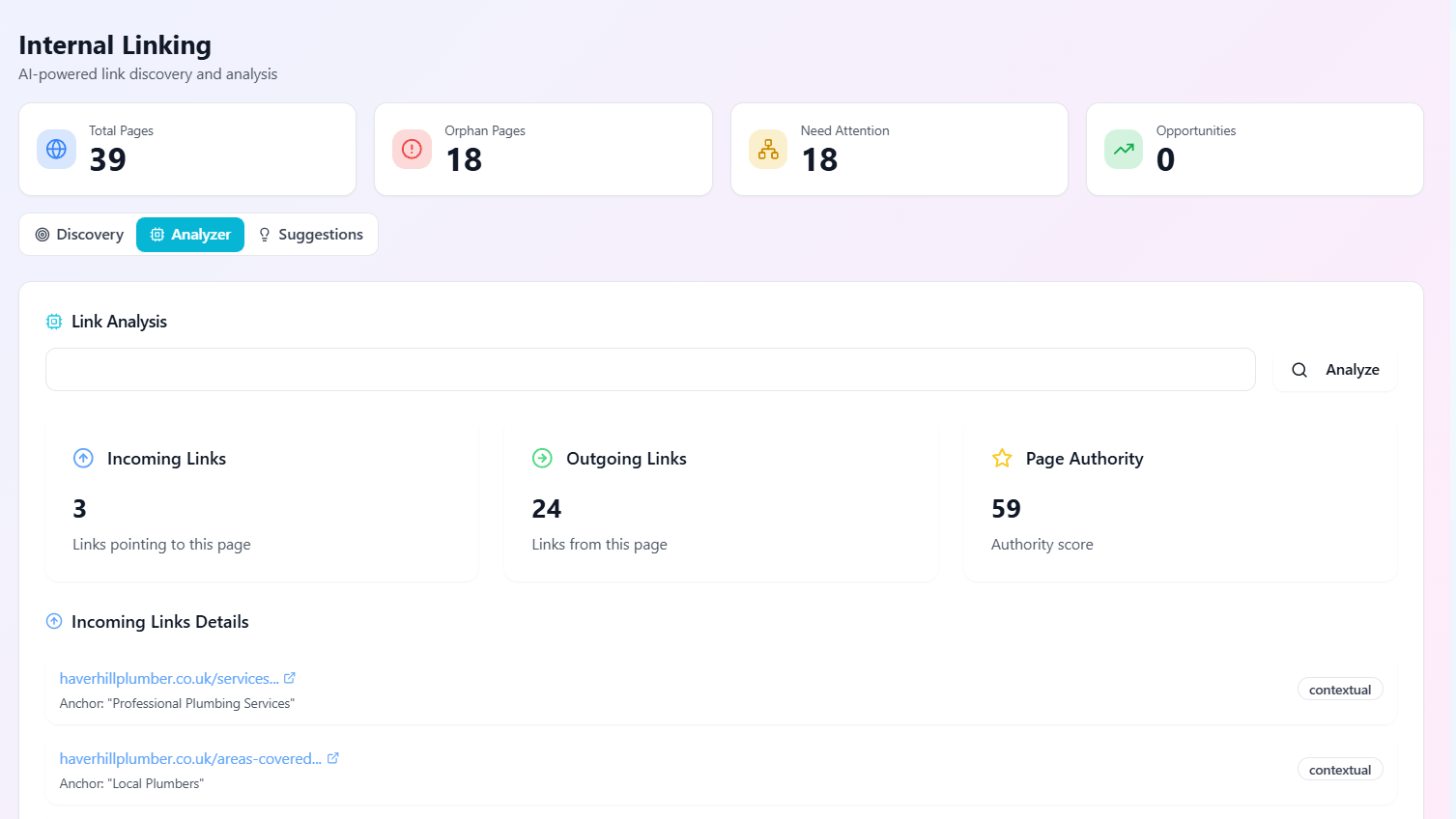 Internal link analyzer interface showing broken links