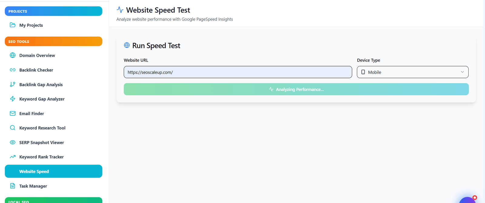 Website speed analyzing interface