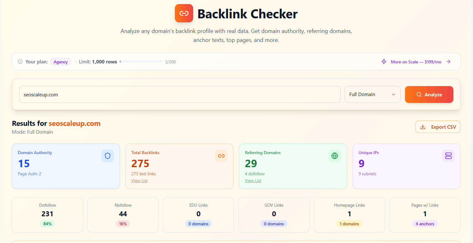 Backlink checker tool features panel showing referring domains, anchor text and link quality breakdown