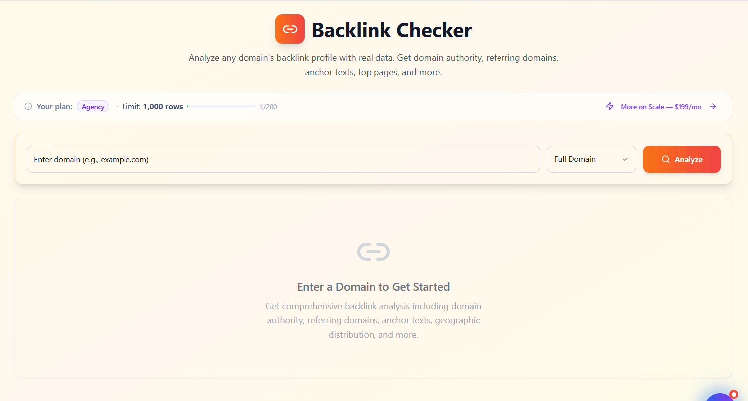Backlink Checker Tool — Dashboard Overview showing full link profile and domain authority metrics