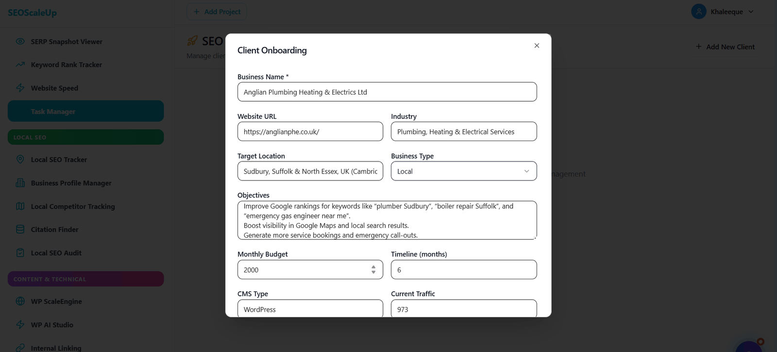 Task Manager client onboarding form showing structured data collection