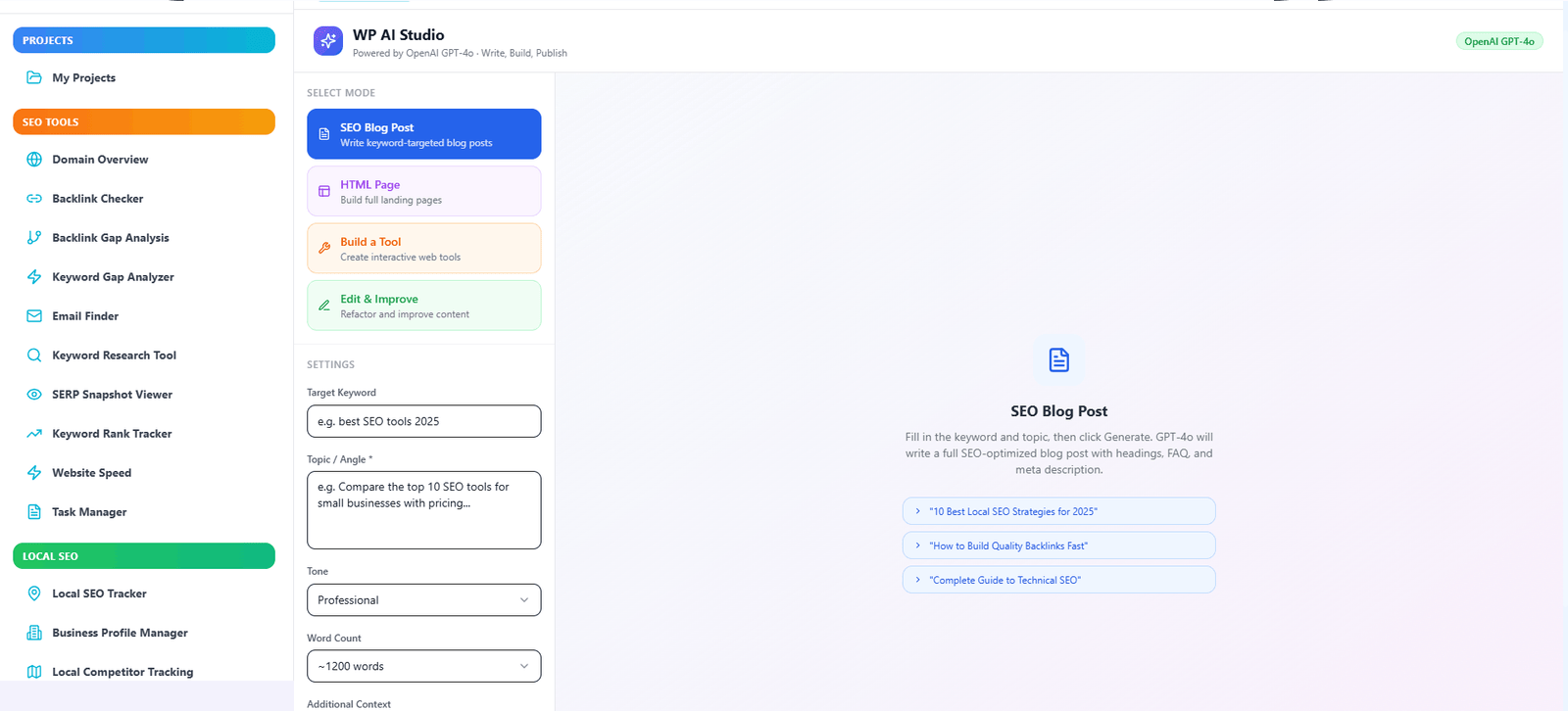Content Generator dashboard showing AI content creation interface