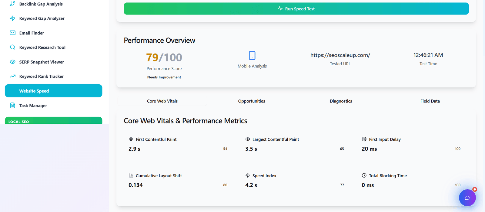 Core Web Vitals metrics display
