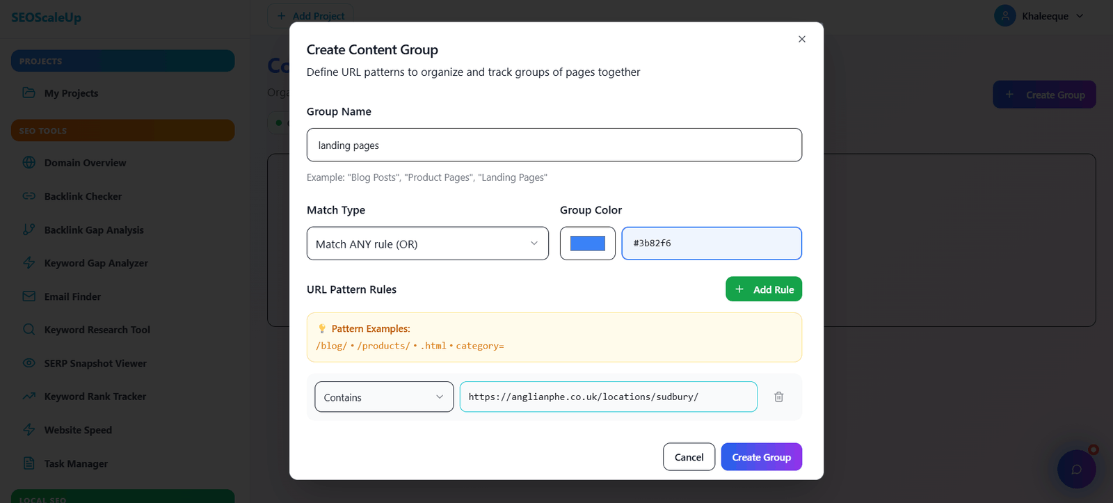 Create content group interface