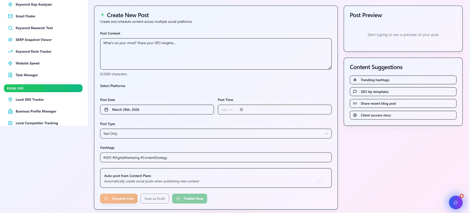 Create new social media post interface
