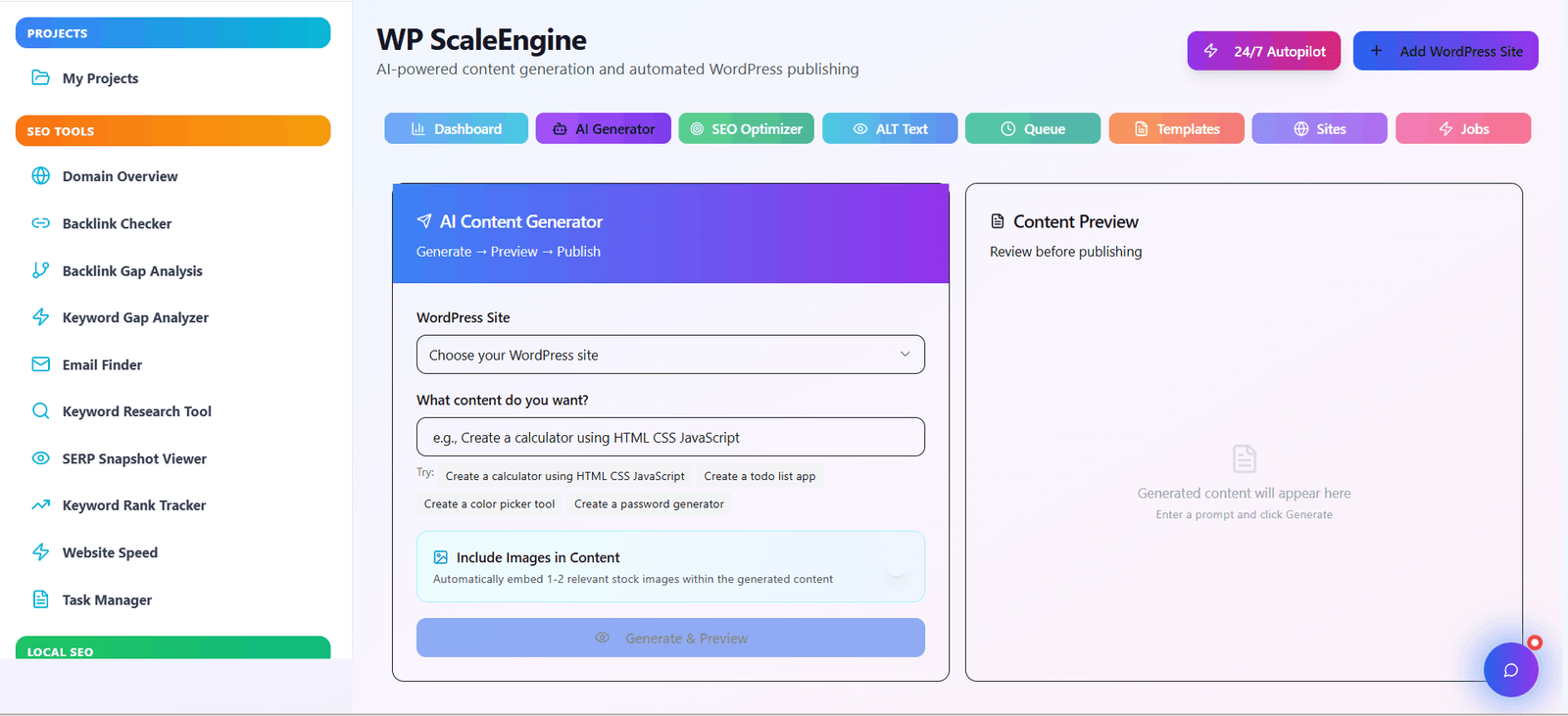 WordPress tools dashboard