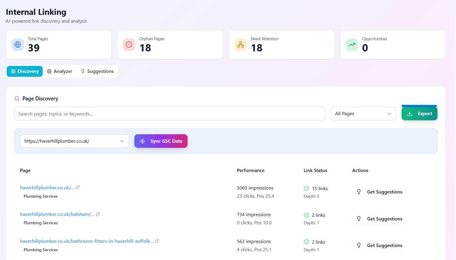 Internal link discovery and analysis dashboard