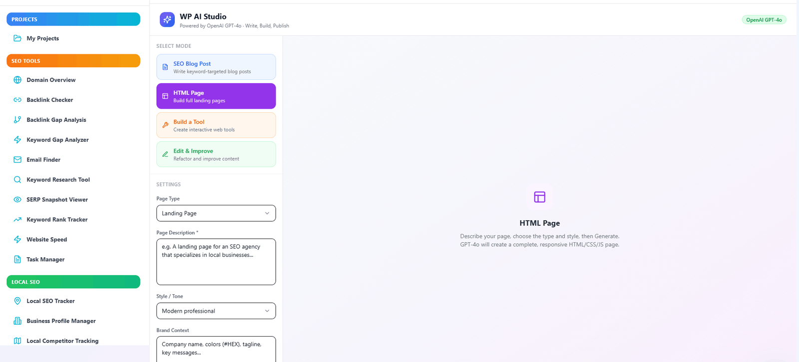 Content Generator HTML page builder interface