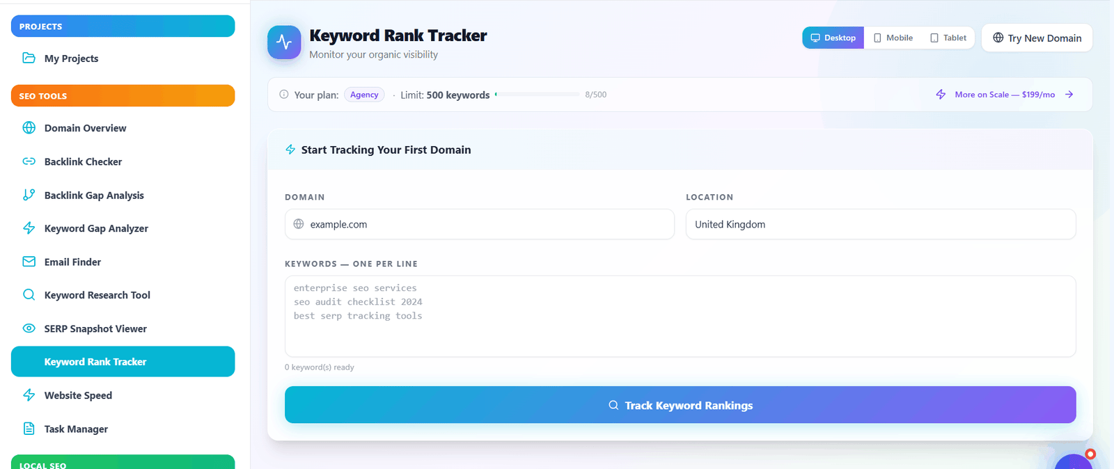 Keyword Rank Tracker dashboard overview