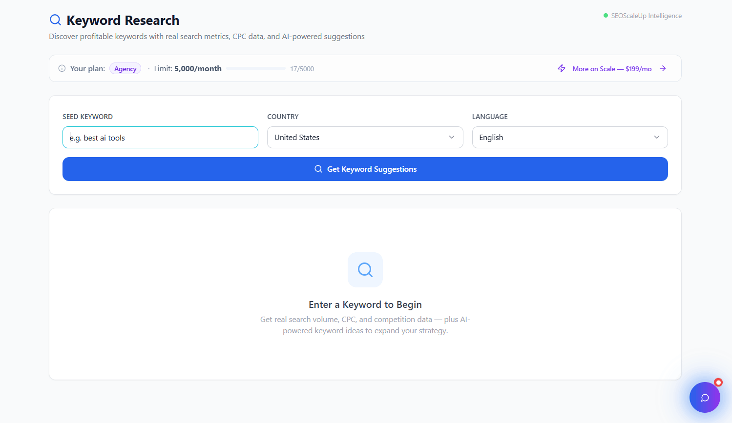 Semantic Keyword Finder dashboard overview