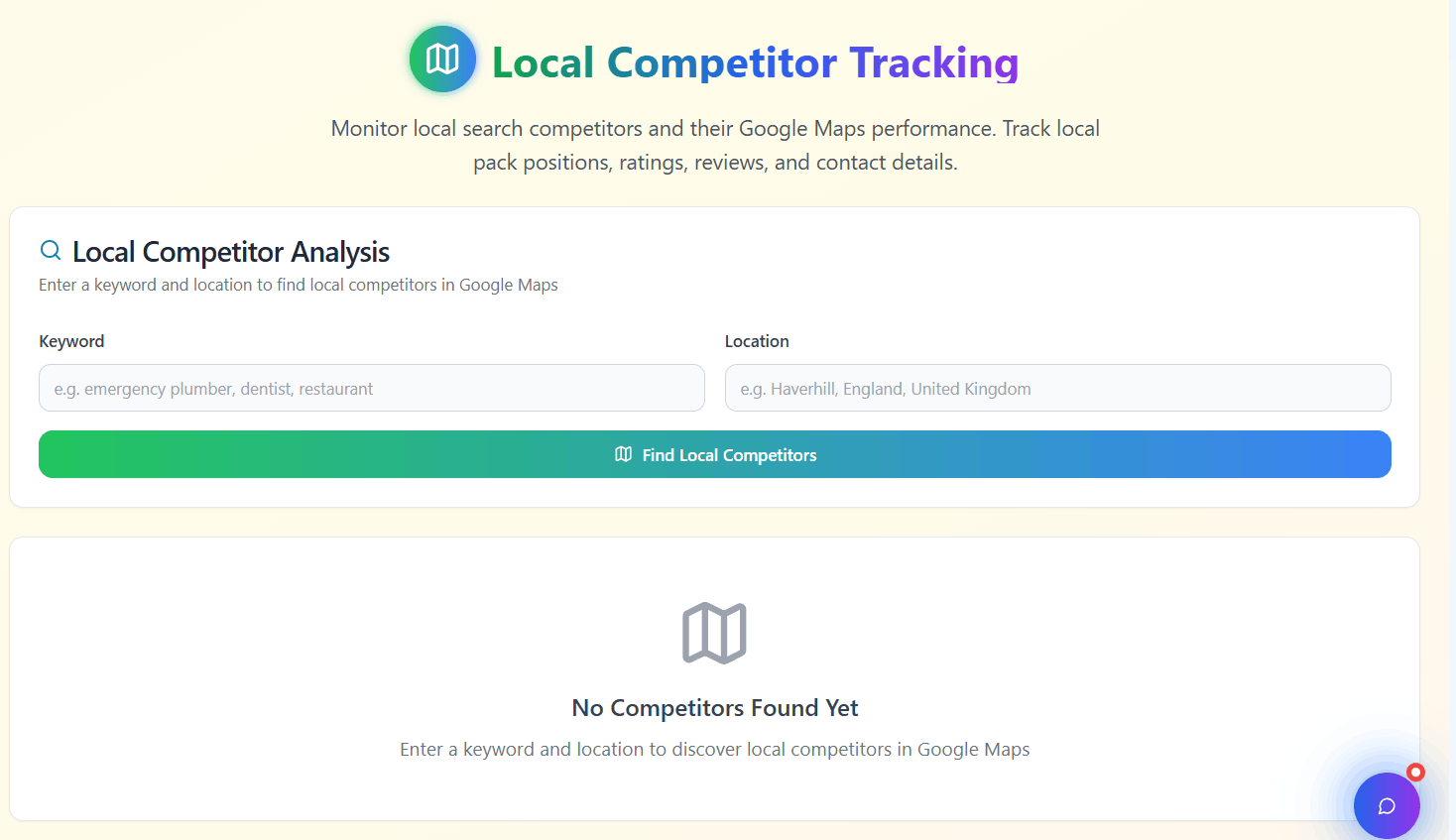 Local Competitor Tracking dashboard overview