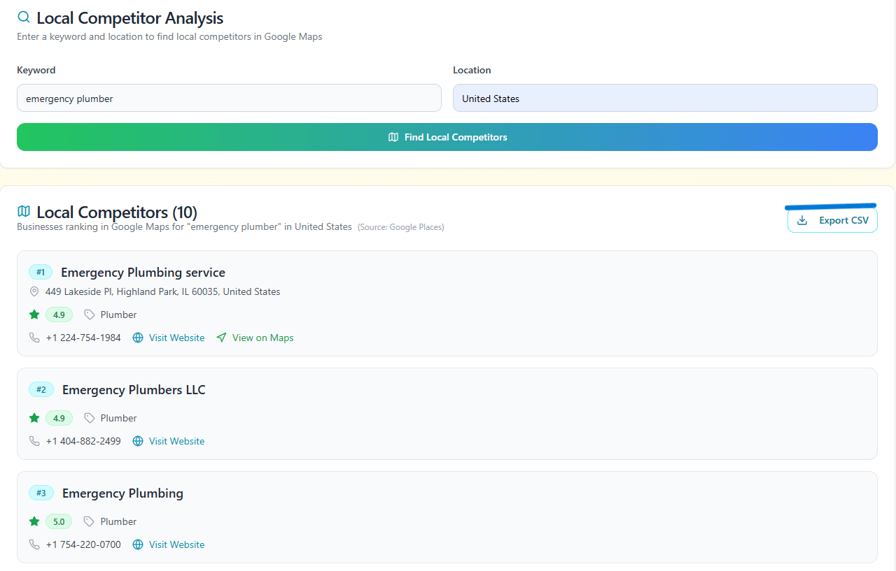 Local competitors results interface