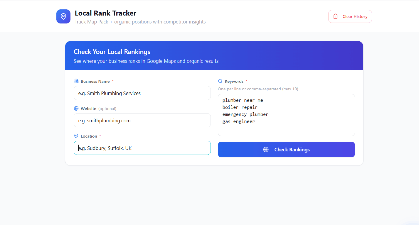 Local SEO Tracker dashboard overview