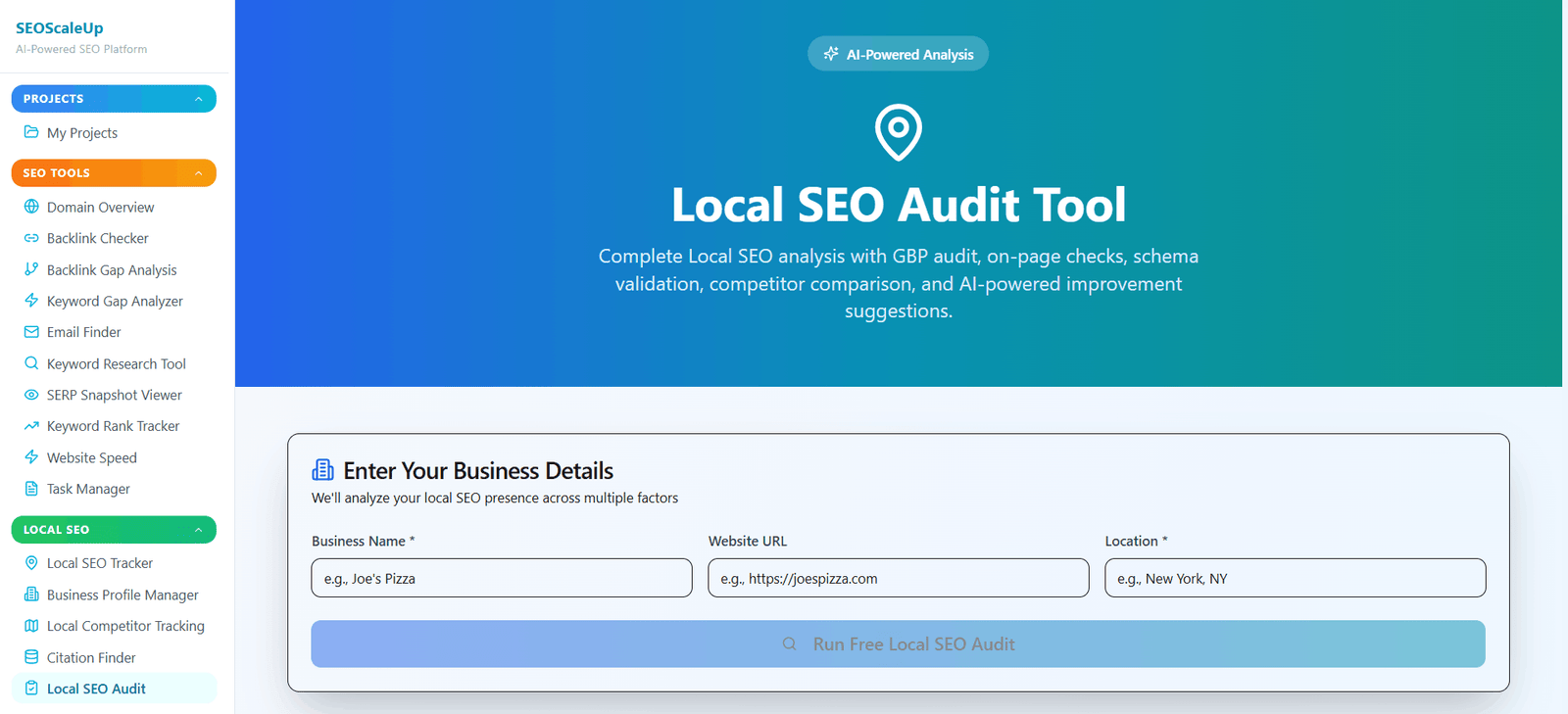 Local SEO Audit Tool dashboard overview