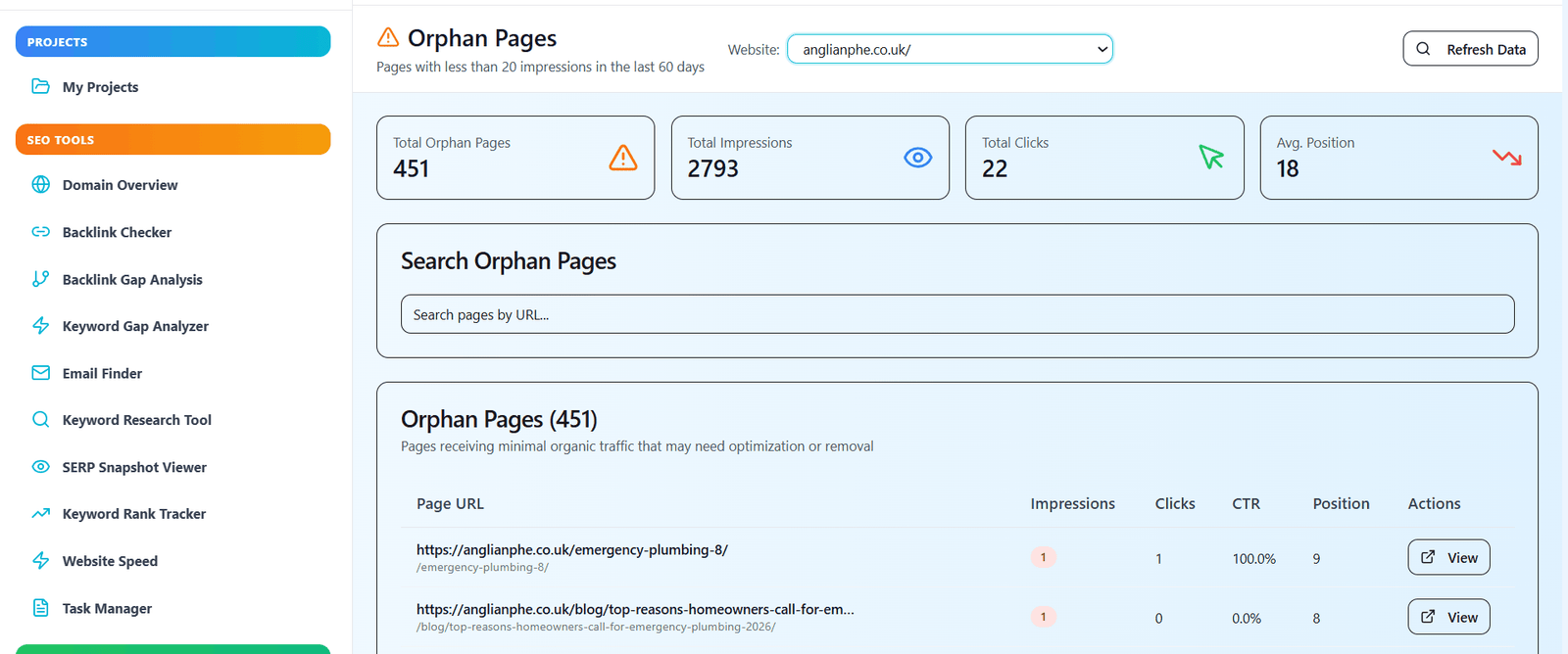 Orphan Page Detector dashboard overview