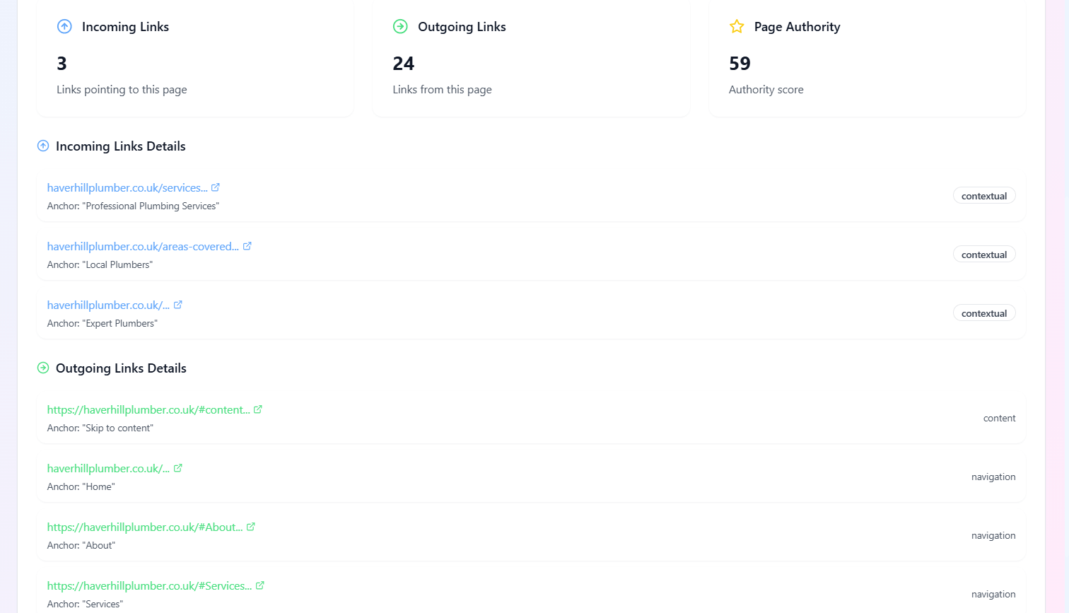 Internal link checker results dashboard