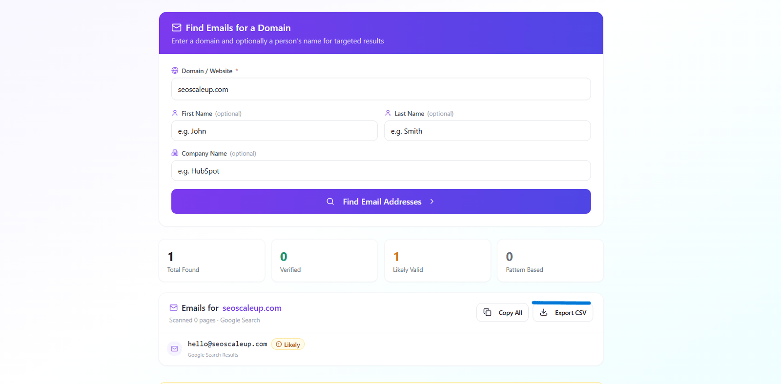 Email finder results preview