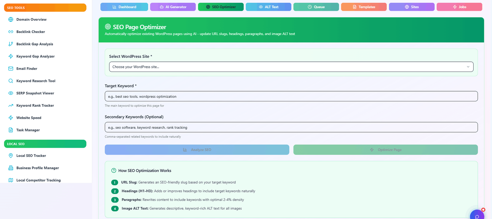 SEO page optimizer interface
