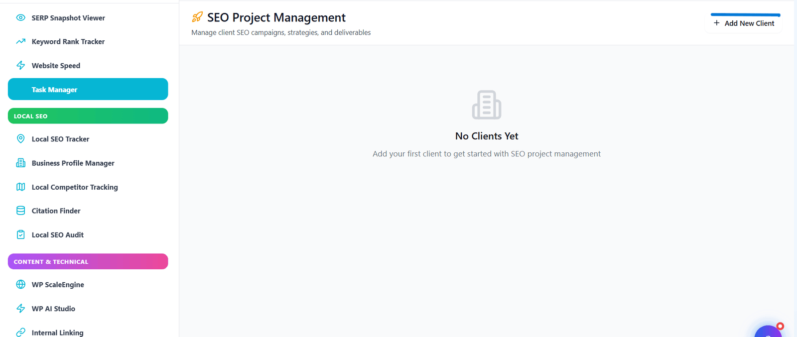 SEO Task Manager dashboard showing project overview and tasks