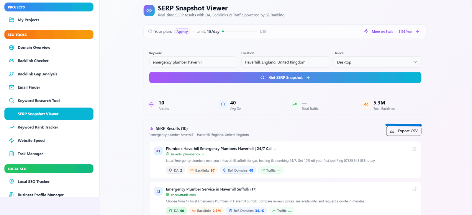 SERP results interface showing Google rankings