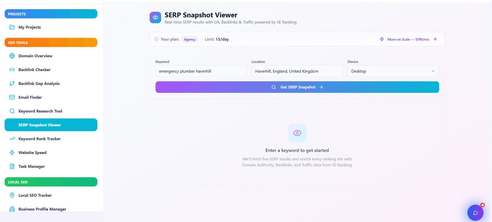 SERP Snapshot Viewer dashboard overview