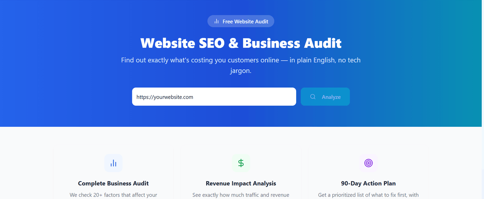Free SEO Audit Tool — Dashboard Overview showing site health score and detected issues