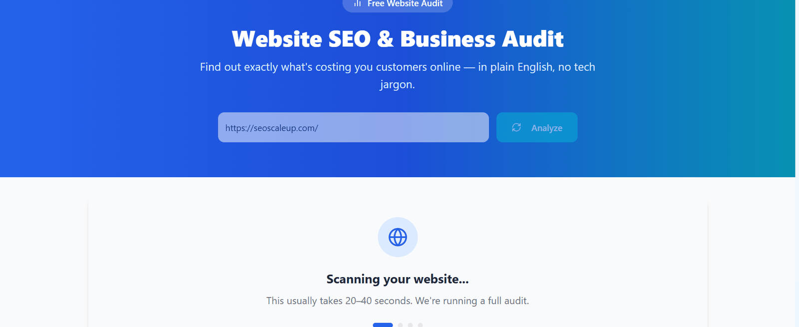SEO website audit tool displaying on-page analysis results and keyword optimization suggestions