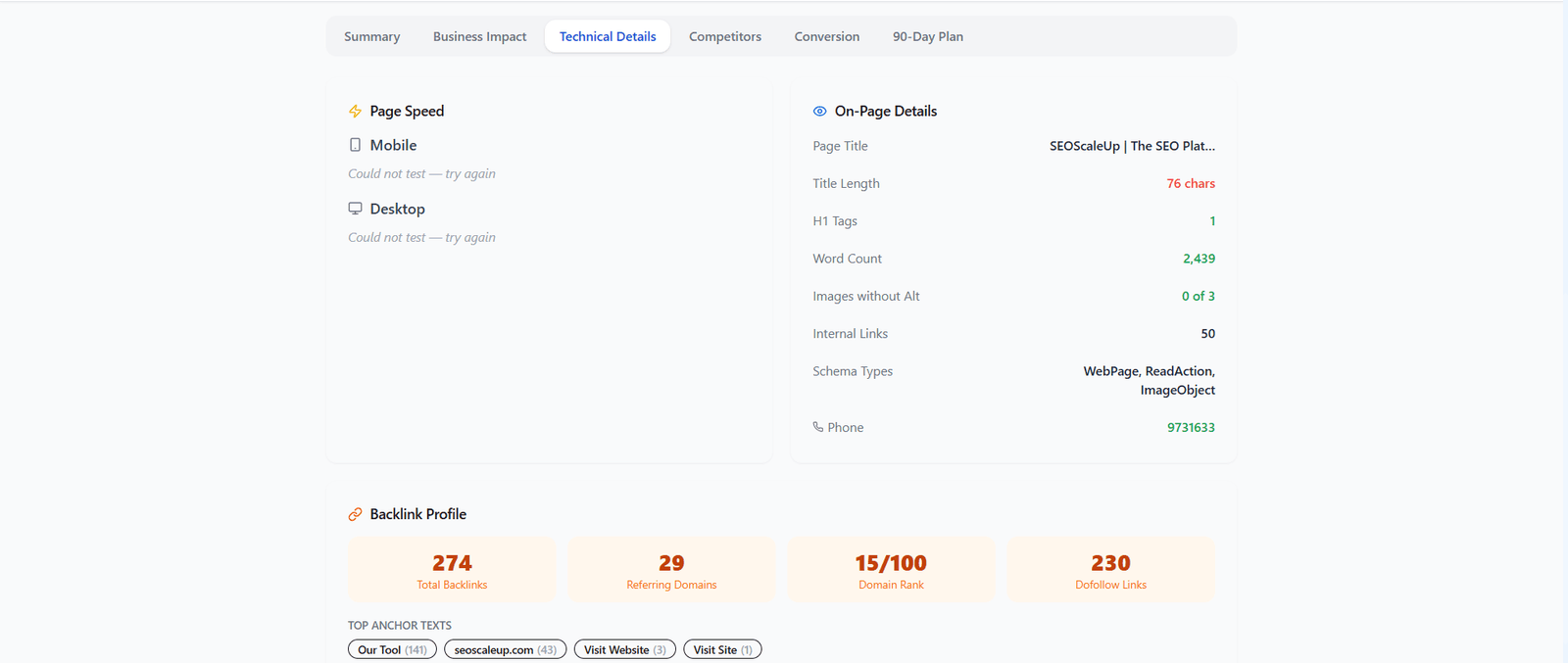 Schema markup validation results