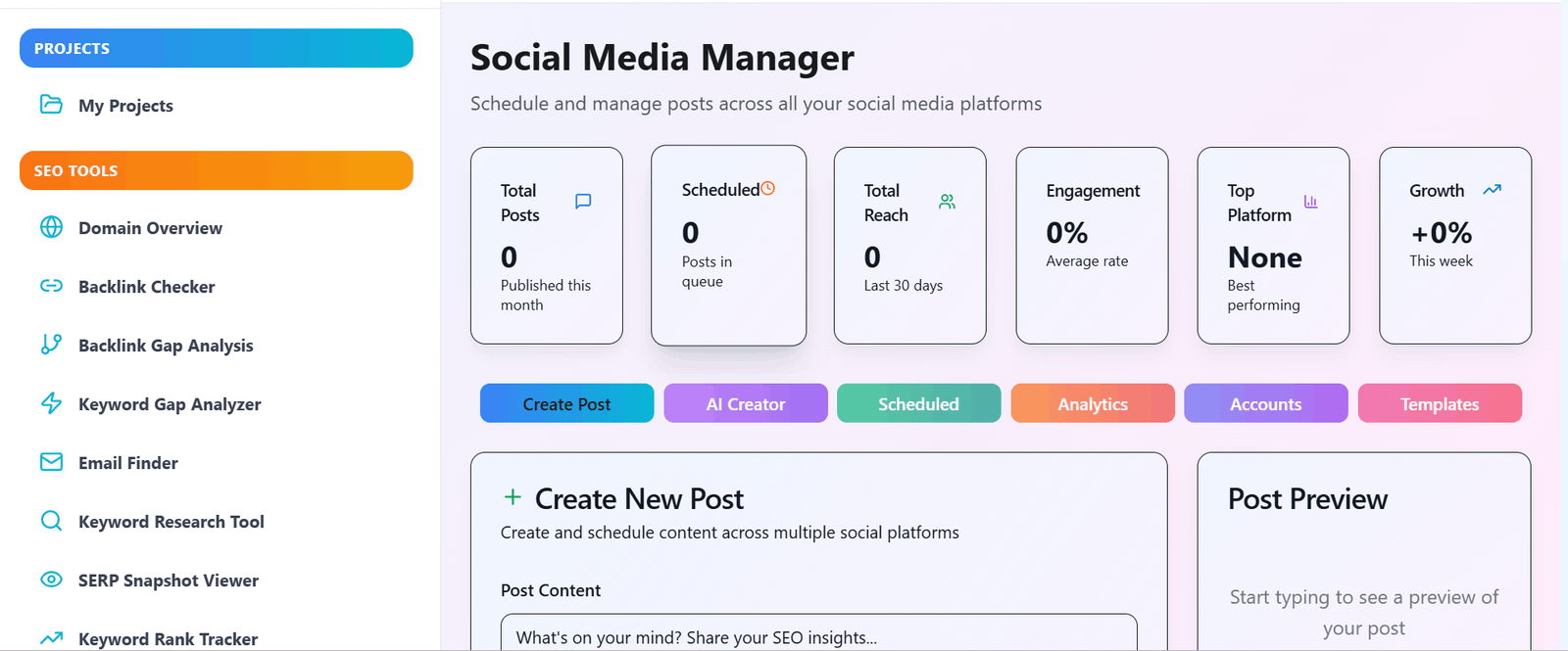 Social Media Manager Tool dashboard overview