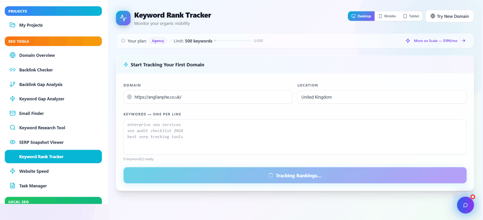 Keyword rankings tracking interface