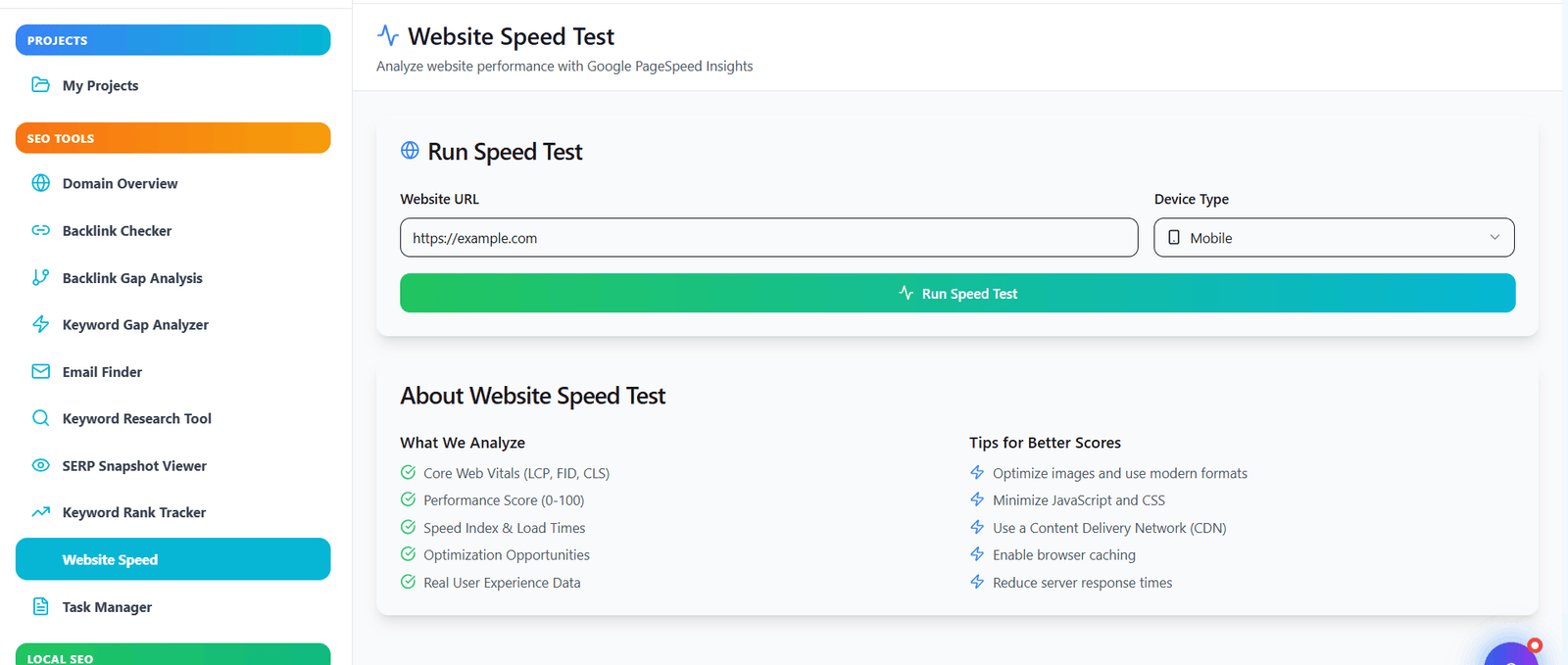 Website Speed Test dashboard overview