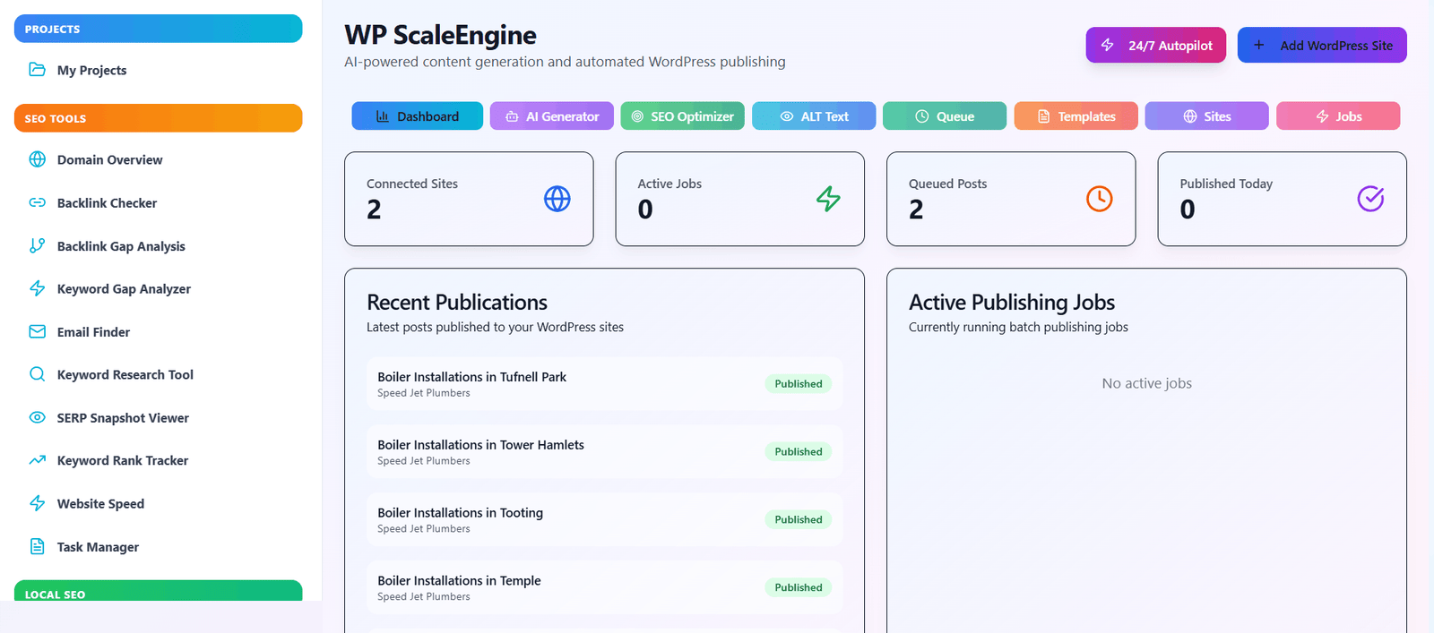 WordPress Tools dashboard overview