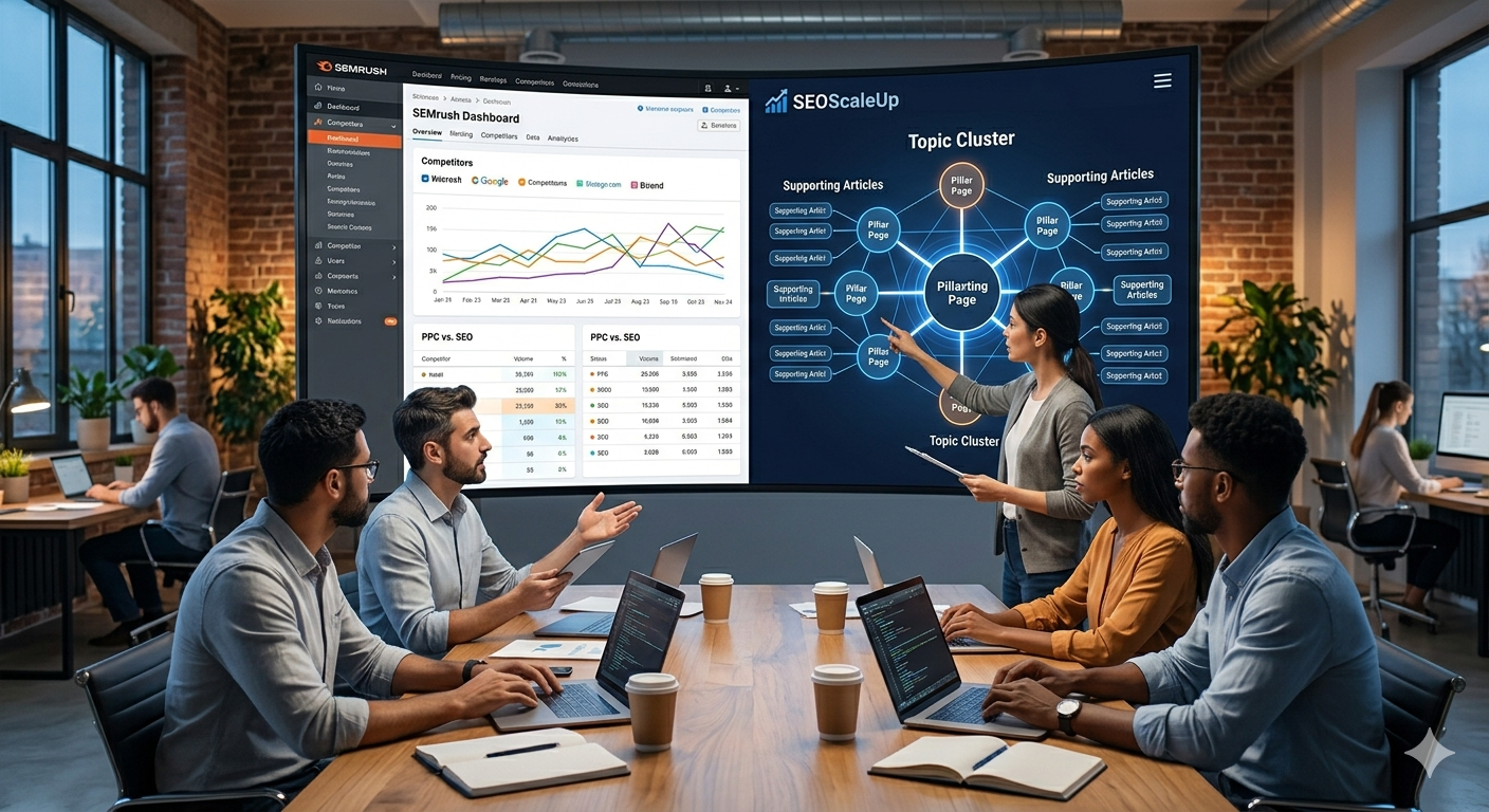 A large conference screen is split between the SEMrush dashboard and the SEOScaleUp content architecture chart, showing a diverse team collaborating on the strategy you described