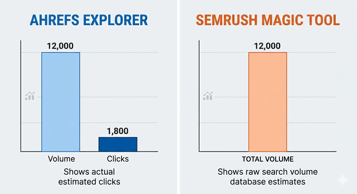 Infographic showing Ahrefs Clicks vs. SEMrush Volume