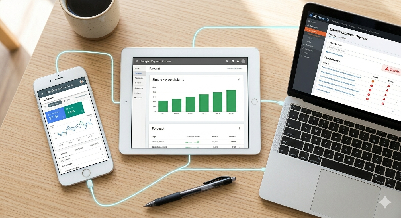 It visualizes the no budget workflow Google Keyword Planner tabletn center Google Search Console smartphone left and SEOScaleUp free tools laptop right