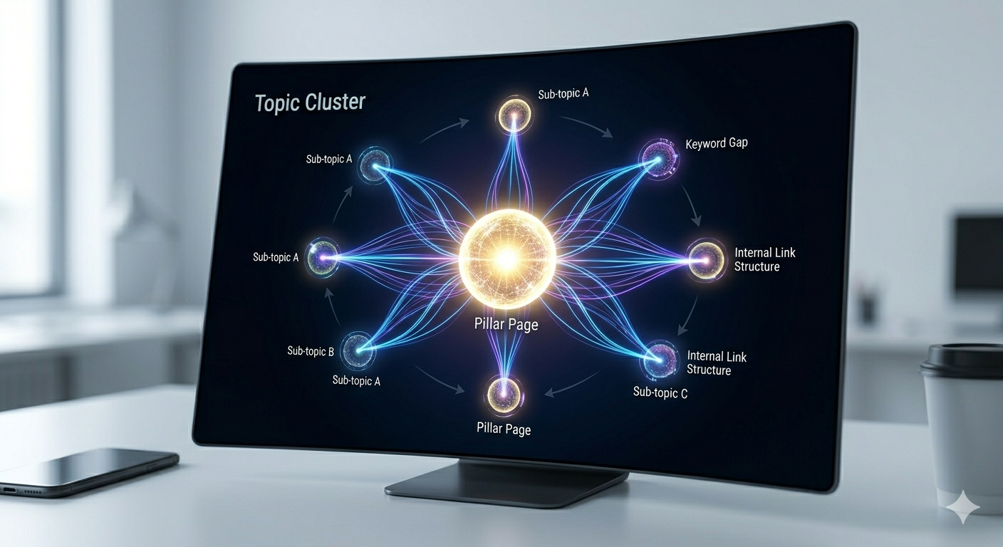 SEOScaleUp Topic Clusters It demonstrates your tool's Topic Cluster Builder feature showing a central Pillar Page sphere connected to distinct orbital Supporting Article spheres by thin glowing ligh