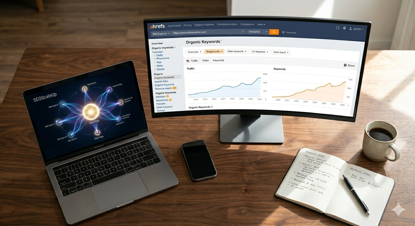 This visualizes the Solo SEO workflow the monitor runs Ahrefs Site Explorer and the laptop runs the SEOScaleUp Cluster Builder