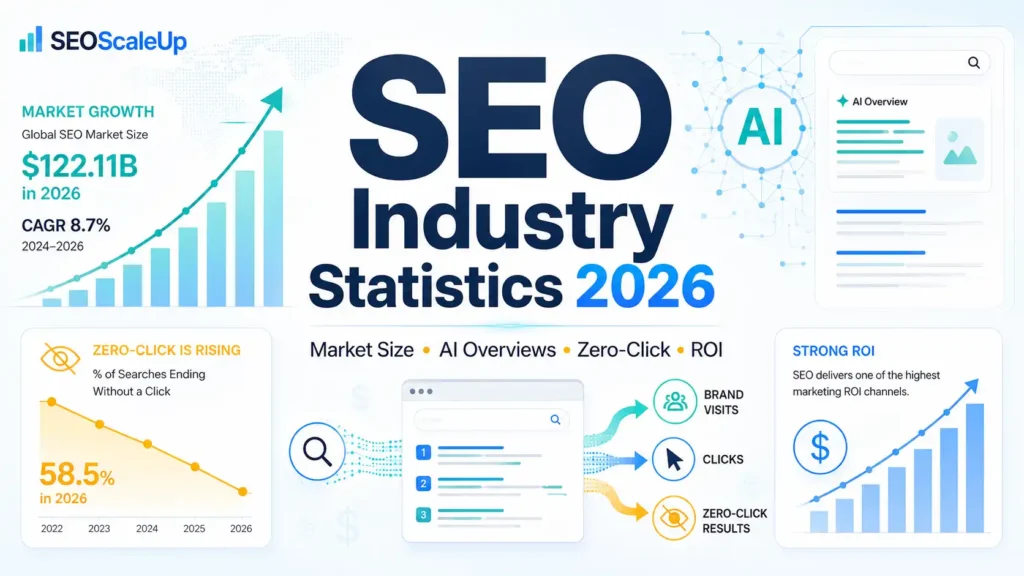 SEO industry statistics 2026 infographic showing market growth, AI Overviews, zero-click searches and SEO ROI trends.